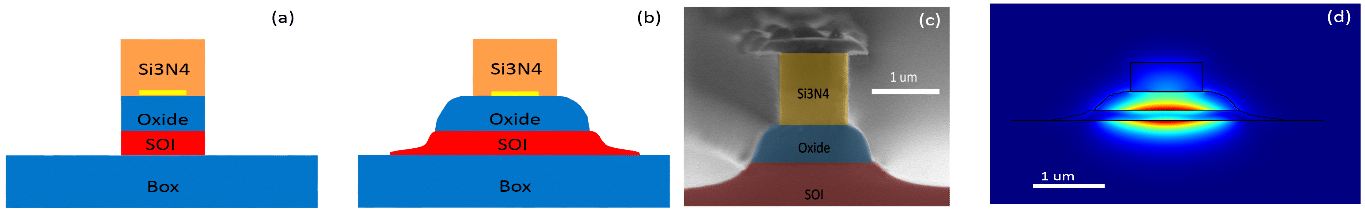 Fig. 1. Schematics showing (a) the cross section of an ideal device and (b) the cross section of our fabricated device, taking into account the fabrication constrains. (c) SEM image showing a cross section of the LR-DLSPPW device. The various material layers are highlighted. (d) Electromagnetic field norm distributions of the fundamental mode supported by our LR-DLSPPW.